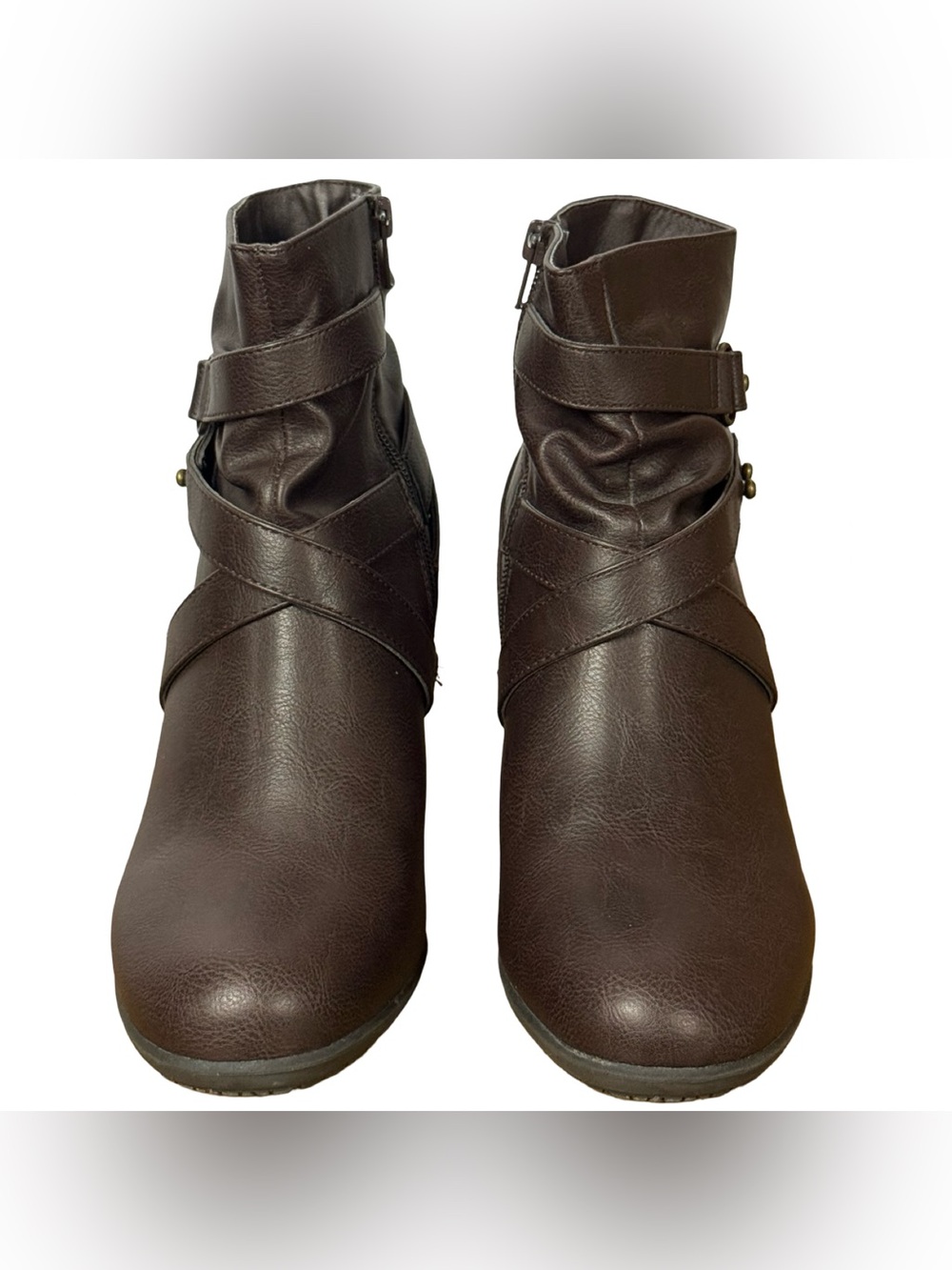 Levity Ankle Booties Women's Dark Brown Strap Size 8 M~Side Zip Faux Leather